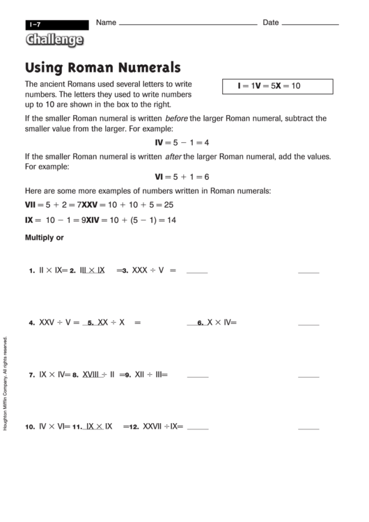 Using Roman Numerals - Math Worksheet With Answers Printable pdf