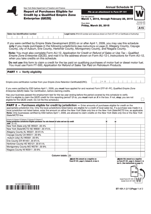 Form St-101.1 - Annual Schedule W - Report Of Purchases Eligible For Credit By A Qualified Empire Zone Enterprise (Qeze) - 2015 Printable pdf