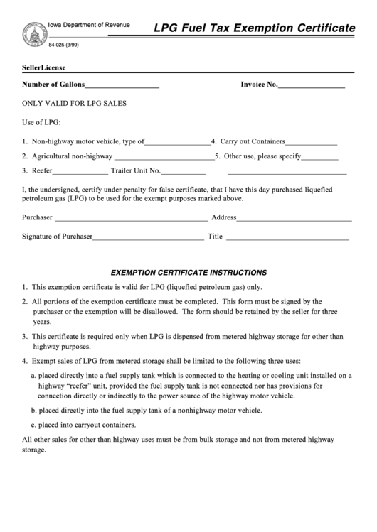 Form 84-025 - Lpg Fuel Tax Exemption Certificate Printable pdf