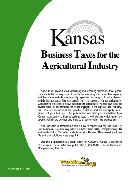 Form Pub. Ks-1550 - Kansas Business Taxes For The Agrcultural Industry Printable pdf