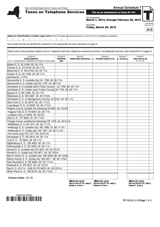 Form St-101.8 - Annual Schedule T - Taxes On Telephone Services - 2015 Printable pdf