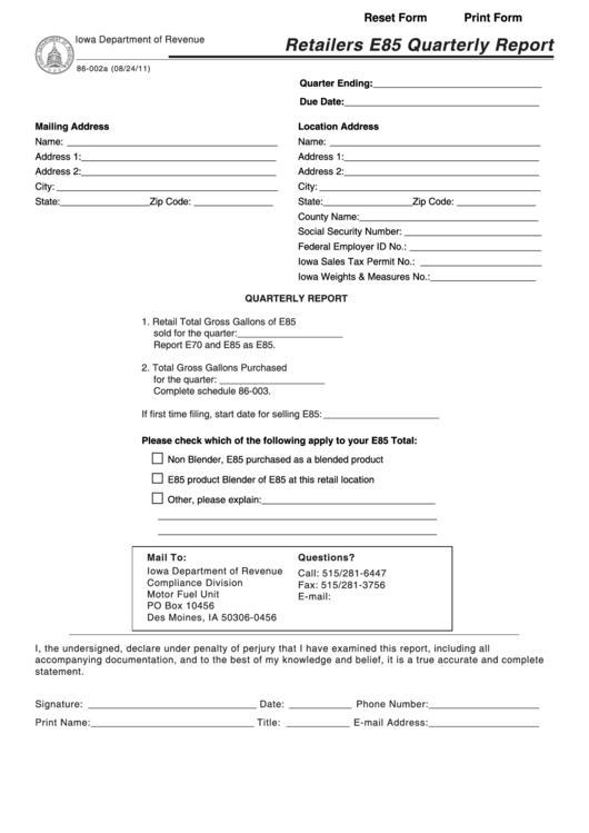 Fillable Form 86-002 - Retailers E85 Quarterly Report Printable pdf