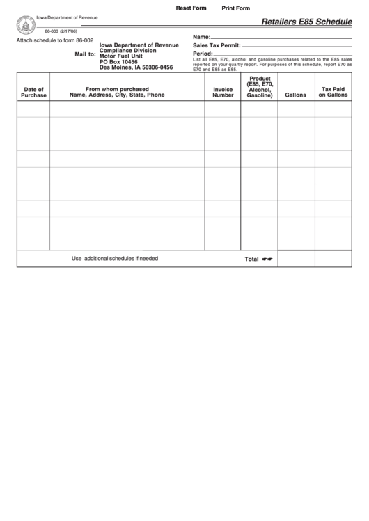 Fillable Form 86-003 - Retailers E85 Schedule Printable pdf
