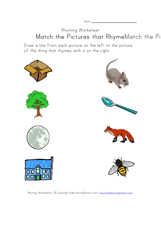Match The Pictures That Rhyme - Rhyming Worksheet Printable pdf