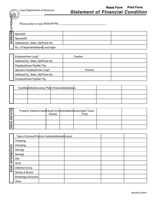 Fillable Form 96-029 - Statement Of Financial Condition Printable pdf