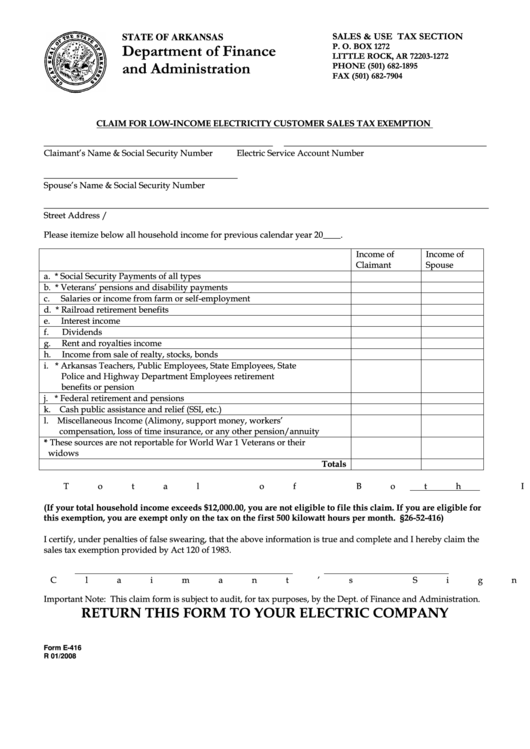 Fillable Form E-416 - Claim For Low-Income Electricity Customer Sales Tax Exemption Printable pdf