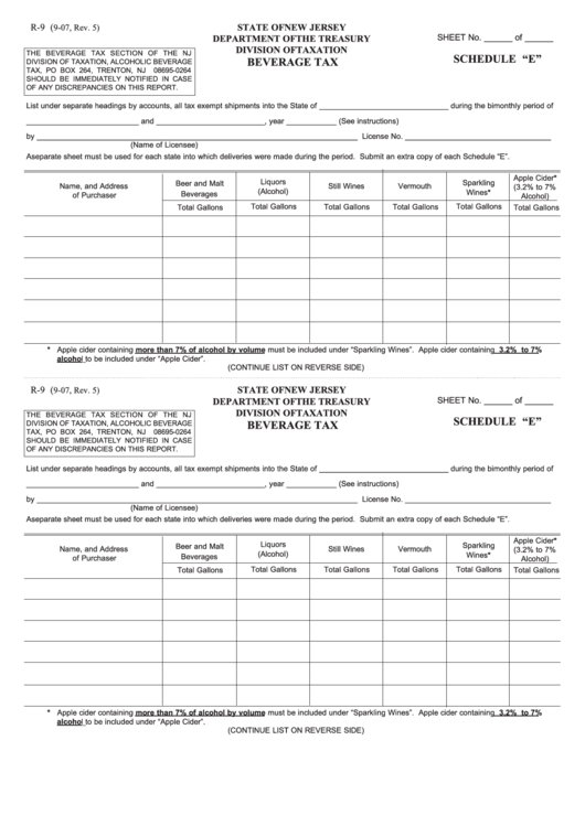 Fillable Form R-9 - Schedule "E" - Beverage Tax Printable pdf