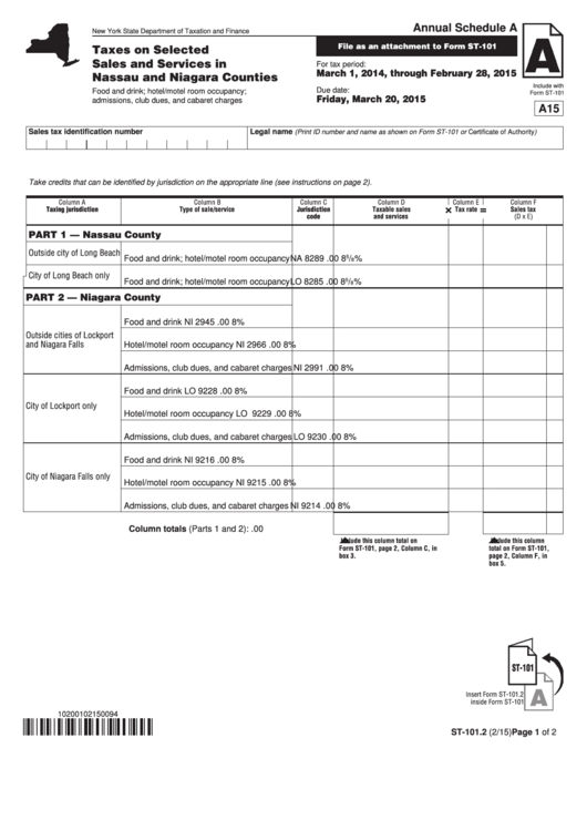 Form St-101.2 - Taxes On Selected Sales And Services In Nassau And Niagara Counties - 2015 Printable pdf