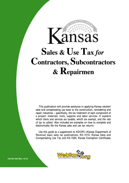 Form Pub. Ks-1525 - Kansas Sales & Use Tax For Contractors Subcontracotrs & Repairmen Printable pdf