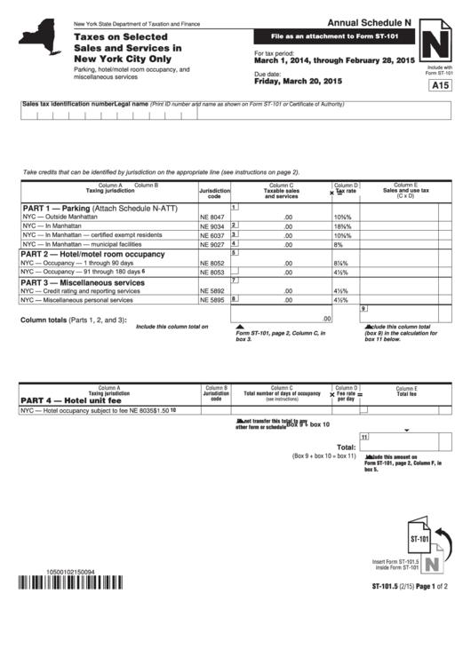 Form St-101.5 - Annual Schedule N - Taxes On Selected Sales And Services In New York City Only - 2015 Printable pdf