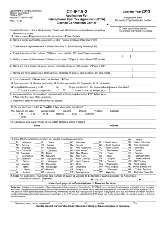 Form Ct-Ifta-2 - Application For International Fuel Tax Agreement (Ifta) License Connecticut Carrier - 2013 Printable pdf