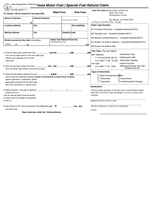 Fillable Form 82-006 - Iowa Motor Fuel / Special Fuel Refund Claim Printable pdf