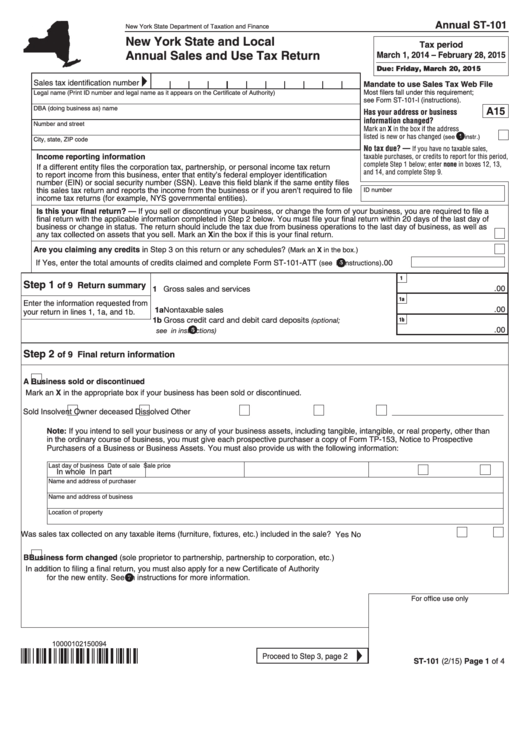 Fillable Form St-101 - New York State And Local Annual Sales And Use Tax Return - 2015 Printable pdf