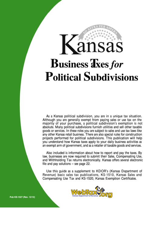 Form Pub. Ks-1527 - Kansas Business Tax For Political Subdivisons Printable pdf