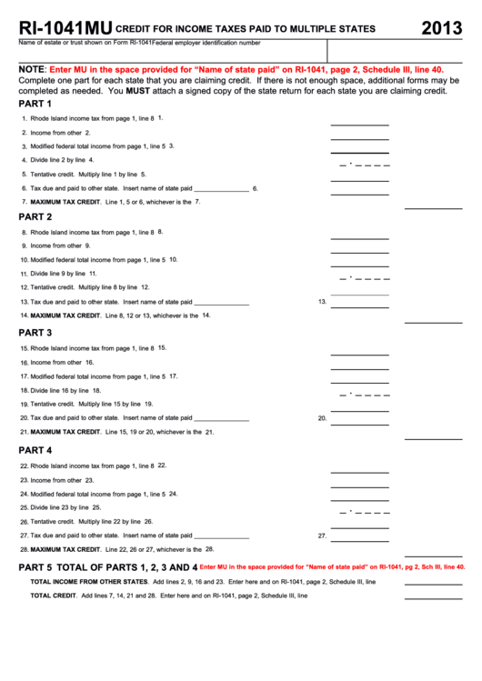 Fillable Form Ri-1041mu - Credit For Income Taxes Paid To Multiple States - 2013 Printable pdf