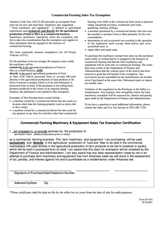 Fillable Form St-403 - Commercial Farming Machinery & Equipment Sales Tax Exemption Certification Printable pdf