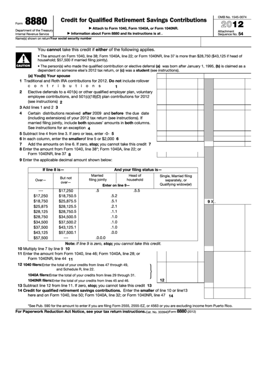 Fillable Form 8880 - Credit For Qualified Retirement Savings Contributions - 2012 Printable pdf