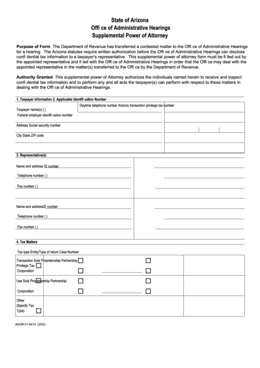 Form Ador 01-5414 - Supplemental Power Of Attorney Printable pdf