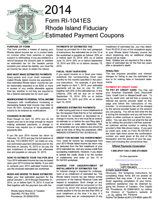 Fillable Form Ri-1041es - Rhode Island Fiduciary Estimated Payment Worksheet - 2014 Printable pdf