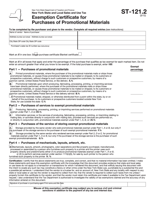 Fillable Form St-121.2 - Exemption Certificate For Purchases Of Promotional Materials Printable pdf