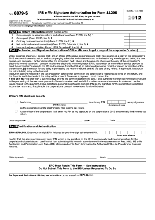 Fillable Form 8879-S - Irs E-File Signature Authorization For Form 1120s - 2012 Printable pdf