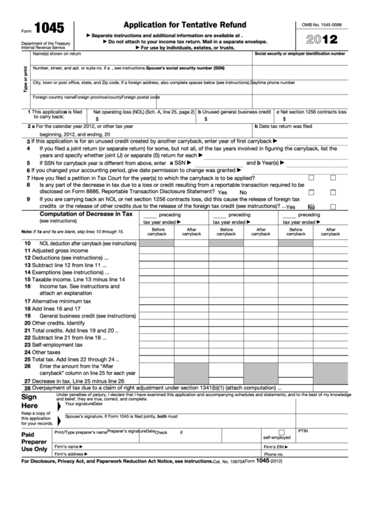 Fillable Form 1045 - Application For Tentative Refund - 2012 Printable pdf