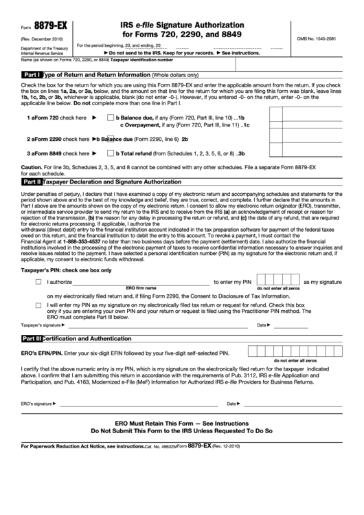Fillable Form 8879-Ex - Irs E-File Signature Authorization For Forms 720, 2290, And 8849 Printable pdf
