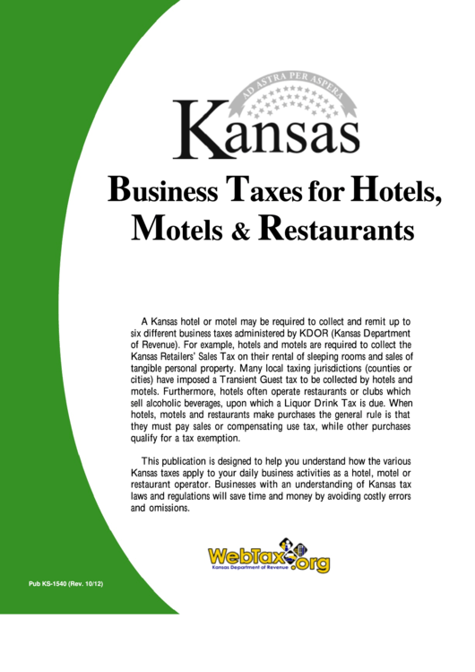 Form Pub. Ks-1540 - Kansas Business Taxes For Hotels Motels & Restaurants Printable pdf