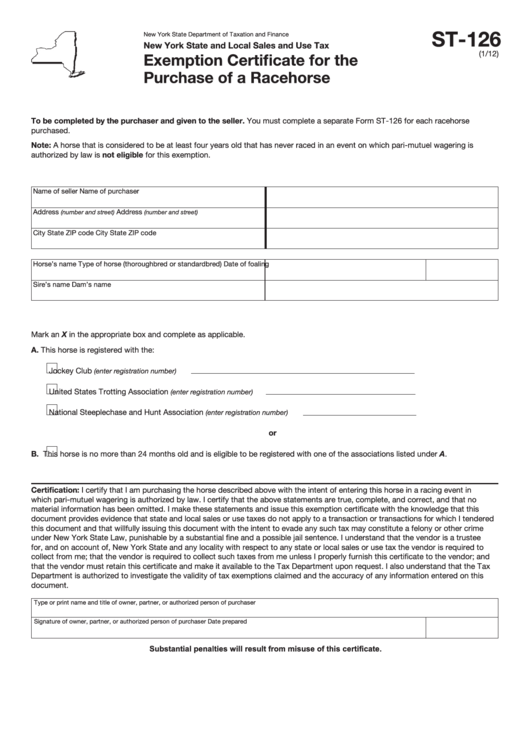Form St-126 - Exemption Certificate For The Purchase Of A Racehorse Printable pdf