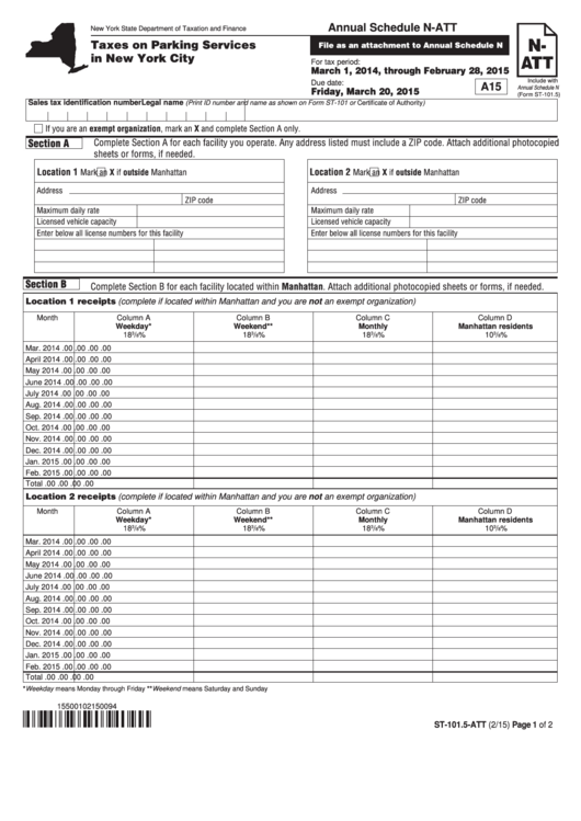 Form St-101.5-Att - Annual Schedule N-Att - Taxes On Parking Services In New York City - 2015 Printable pdf
