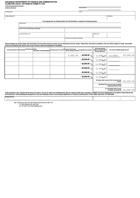 Fillable Form Et 179a Claim For Local Tax Rebate Printable Pdf Download