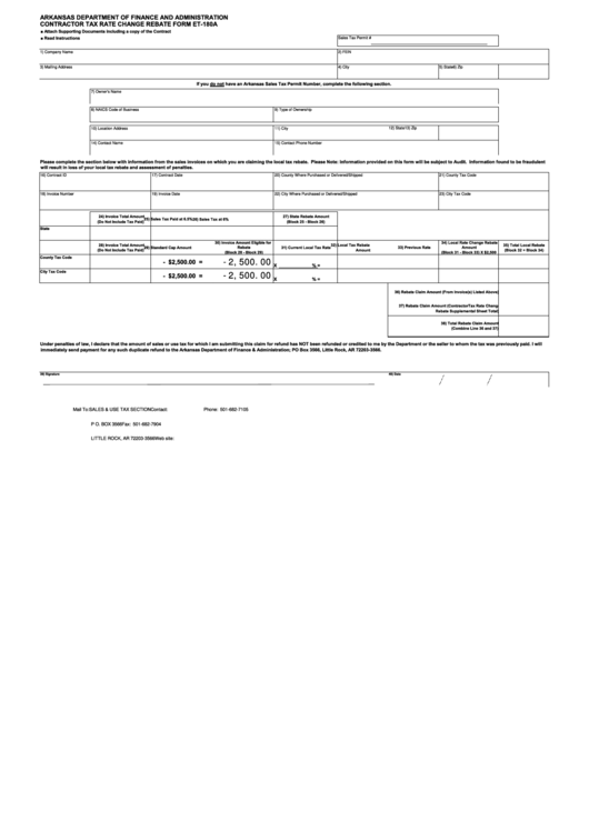 Fillable Form Et-180a - Contractor Tax Rate Change Rebate Printable pdf