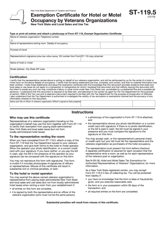 Fillable Form St-119.5 - Exemption Certificate For Hotel Or Motel Occupancy By Veterans Organizations Printable pdf
