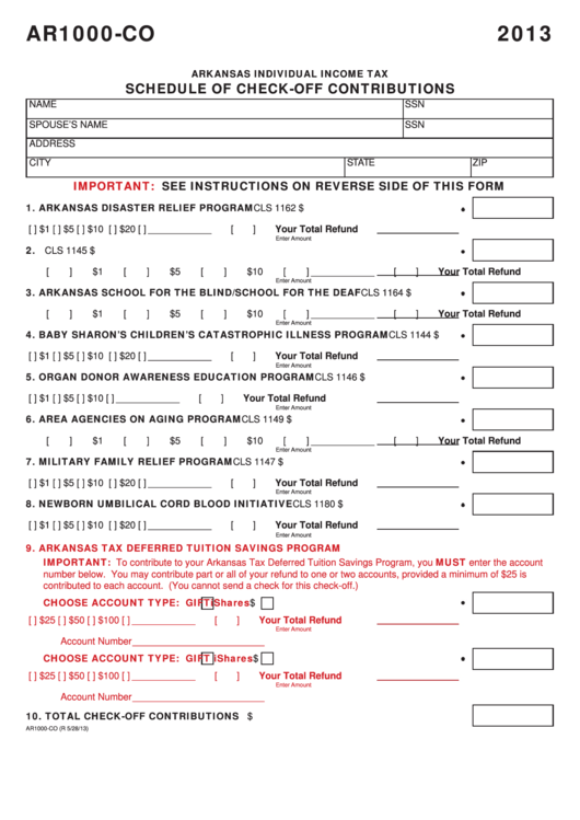 Fillable Form Ar1000-Co - Schedule Of Check-Off Contributions - 2013 Printable pdf