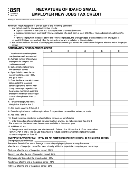 Fillable Form 85r - Recapture Of Idaho Small Employer New Jobs Tax Credit Printable pdf