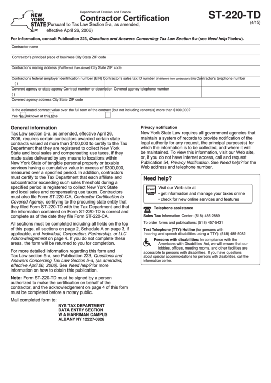Fillable Form St-220-Td - Contractor Certification Printable pdf