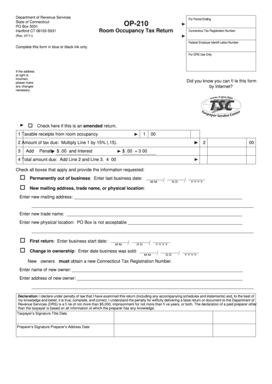 Fillable Form Op-210 - Room Occupancy Tax Return Printable pdf