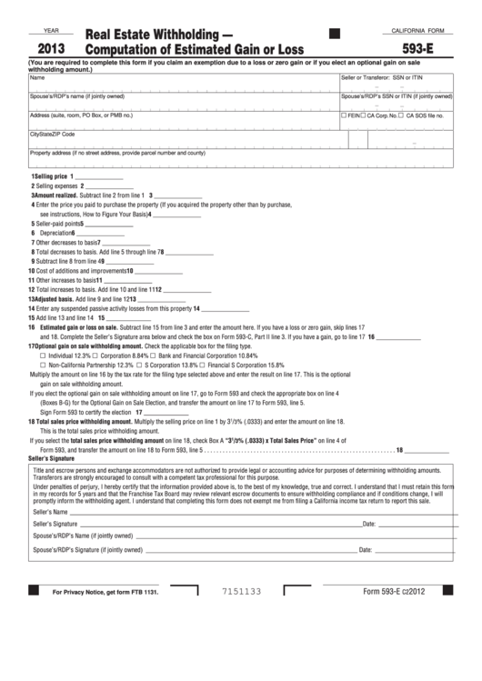 Fillable California Form 593-E - Real Estate Withholding - Computation Of Estimated Gain Or Loss - 2013 Printable pdf