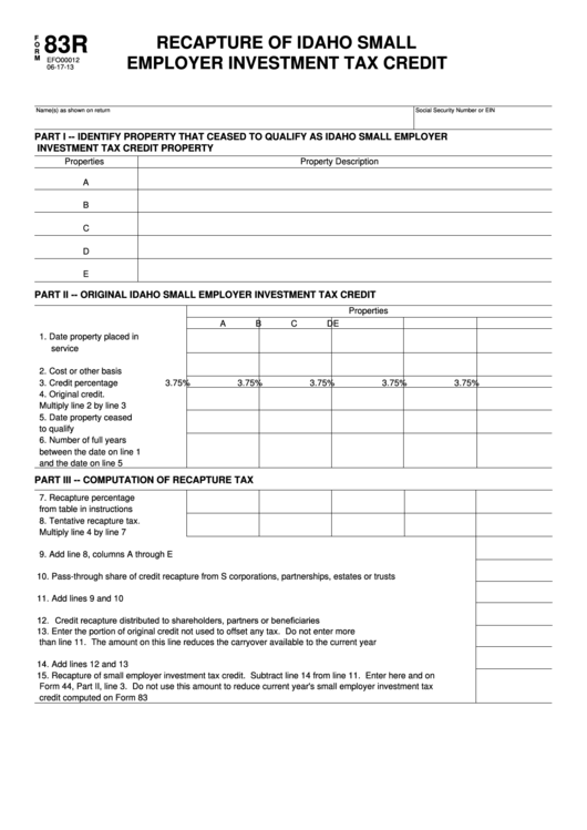 Fillable Form 83r - Recapture Of Idaho Small Employer Investment Tax Credit Printable pdf