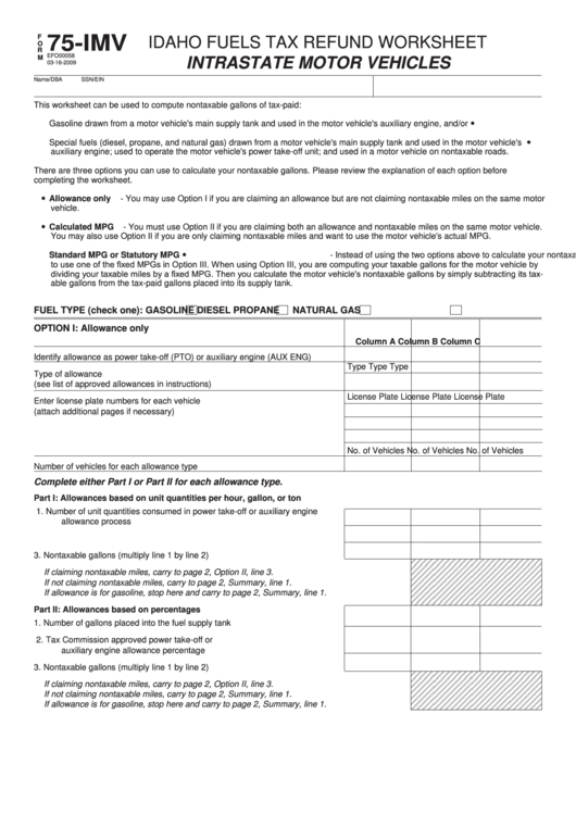 Fillable Form 75-Imv - Idaho Fuels Tax Refund Worksheet - Intrastate Motor Vehicles Printable pdf