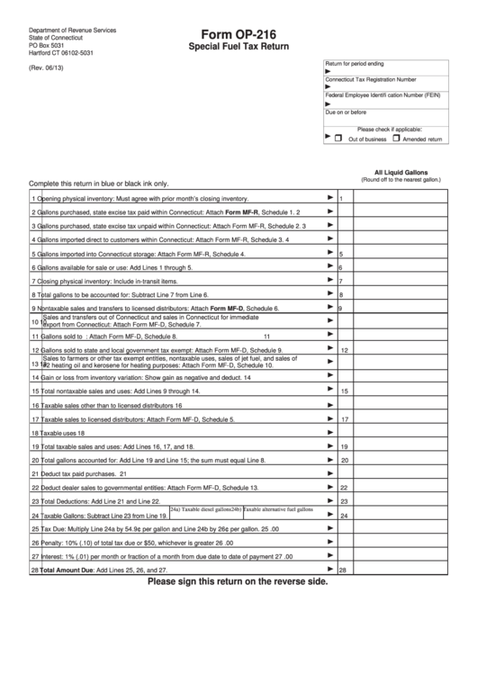 Fillable Form Op-216 - Special Fuel Tax Return Printable pdf