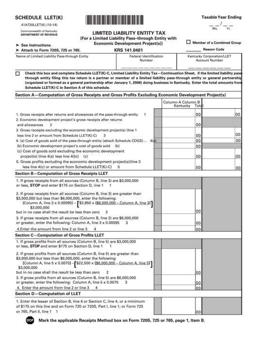 Fillable Schedule Llet(K) (Form 41a720llet(K)) - Limited Liability Entity Tax Printable pdf