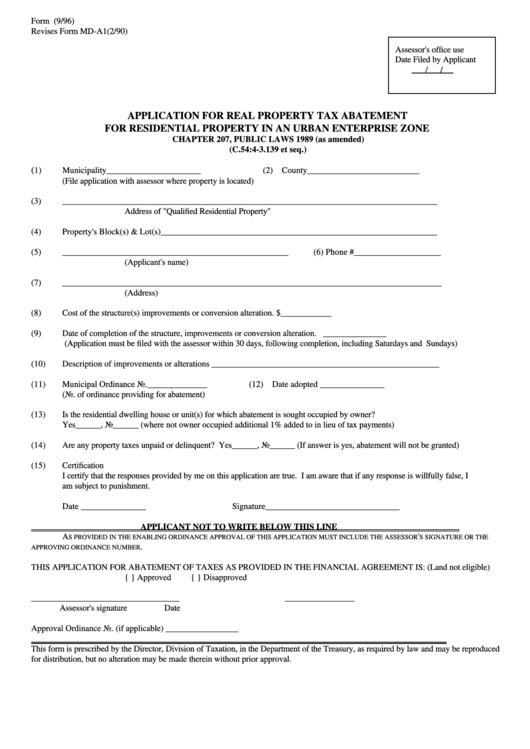 Fillable Form U.e.z. - Application For Real Property Tax Abatement For Residential Property In An Urban Enterprise Zone Printable pdf