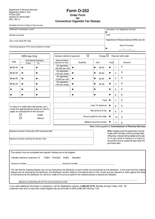 Fillable Form O-252 - Order Form For Connecticut Cigarette Tax Stamps Printable pdf