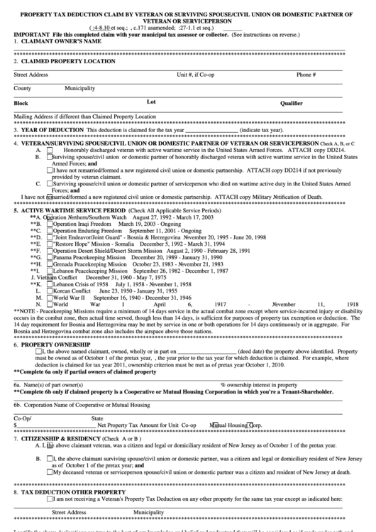 Fillable Form V.s.s. - Property Tax Deduction Claim By Veteran Or Surviving Spouse/civil Union Or Domestic Partner Of Veteran Or Serviceperson Printable pdf
