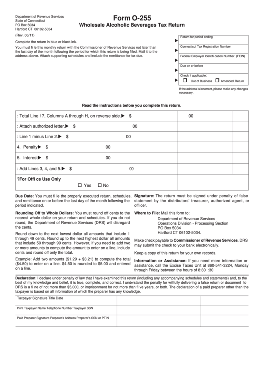 Fillable Form O-255 - Wholesale Alcoholic Beverages Tax Return Printable pdf