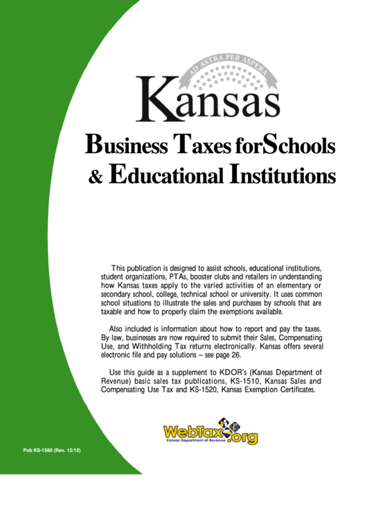 Form Pub. Ks-1560 - Kansas Business Taxes For Schools & Educational Institutions Printable pdf