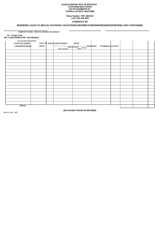 Fillable Form Mf-184 - Schedule Iii - Biodiesel Sales To Retail Stations, Unlicensed Distributors/importers/exporters, End Consumers Printable pdf