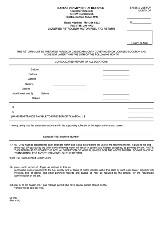 Fillable Form Mf-202 - Liquefied Petroleum Motor Fuel Tax Return Printable pdf