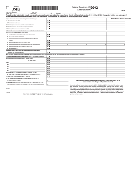 Fillable Schedule Pab (Form 65, 20s) - Add-Back Form - 2013 Printable pdf
